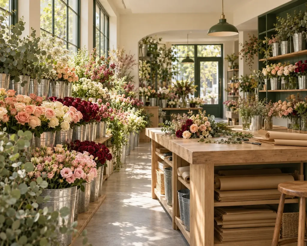 Inside a bright flower shop with buckets of roses and a long wooden work table