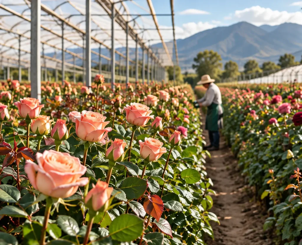 Peach roses growing in a greenhouse with a worker tending the rows and mountains beyond