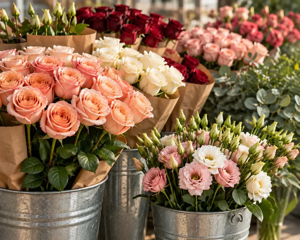 Buckets of kraft-wrapped peach, white and red roses with pink and white lisianthus
