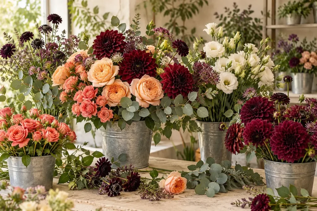 Buckets of peach garden roses, coral spray roses, burgundy dahlias, white lisianthus and eucalyptus