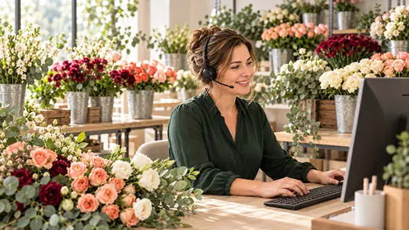 Metaflor team member wearing a headset, helping a customer at a desk surrounded by flowers