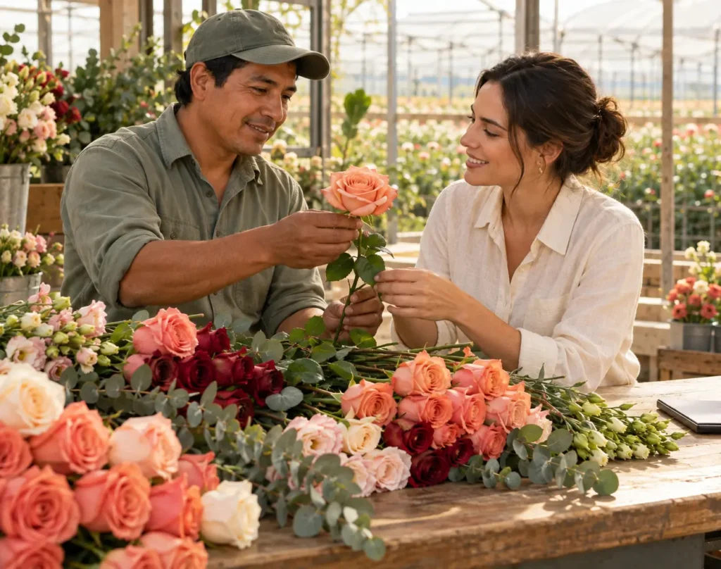 A grower and a buyer examining a peach rose together at a table of roses, lisianthus and eucalyptus in a greenhouse